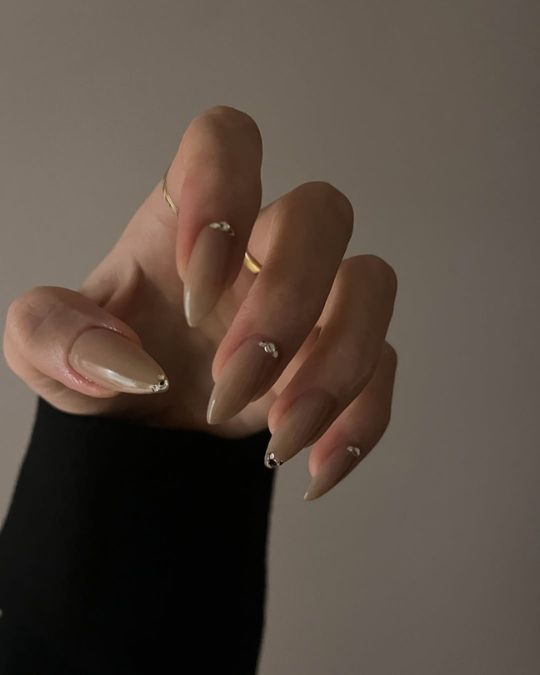 Stiletto nails with earth tones and minimal crystal stone