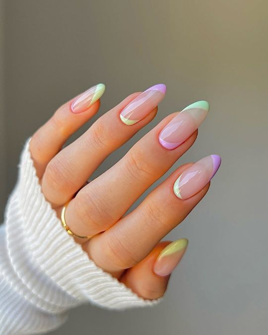 almond nails with pastel color french and reverse tips
