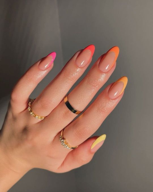 almond shaped nails with bright colors french tip for summer nails
