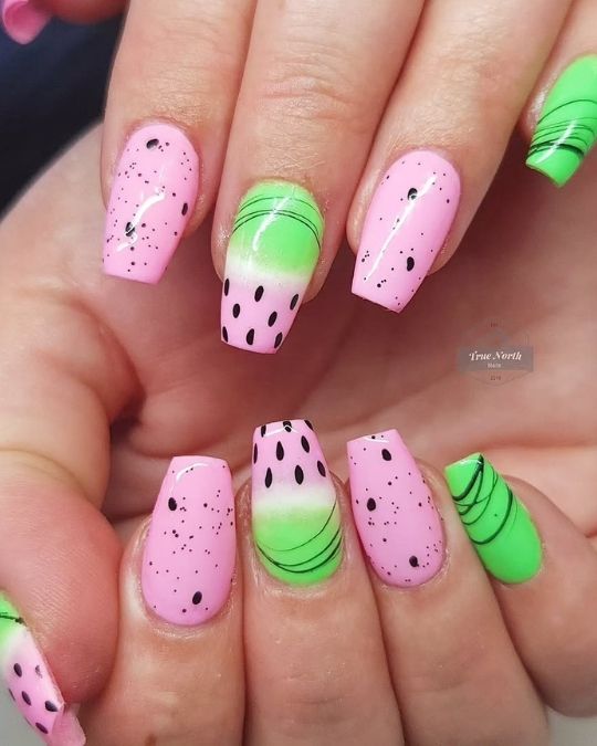 medium coffin nail with pastel watermelon