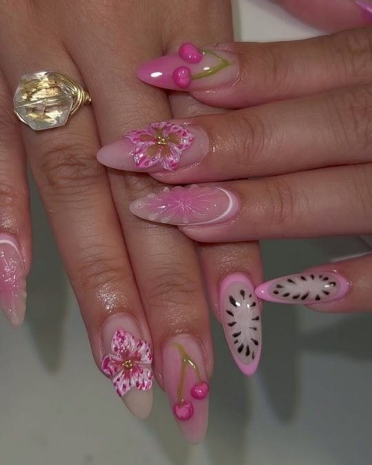pink cherry, dragon fruits and 3D flowers on almond nails