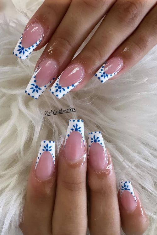Blue Floral French Tips