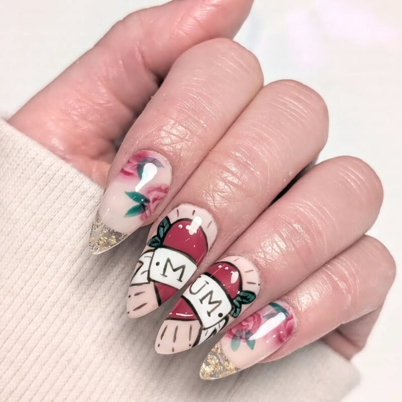 Helendidmynails Tattoo Heart Mom Nails — adorable mother&#8217;s day nail art idea