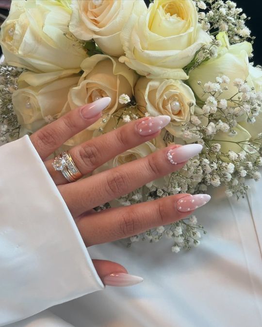 Pearl-Studded Ombré Wedding Nails